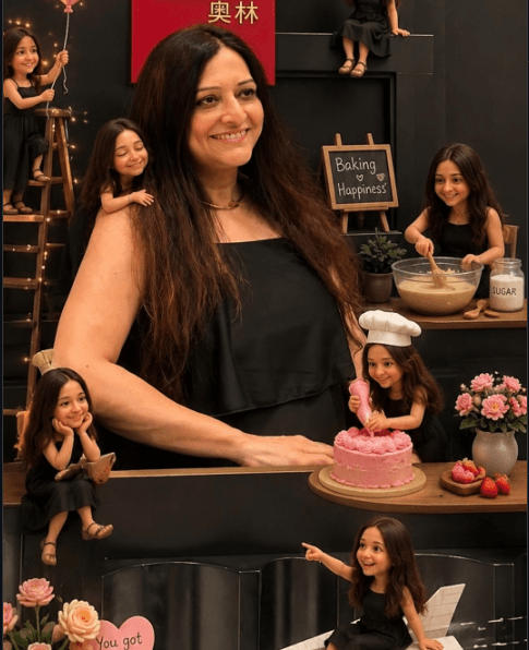 Nupur, founder of Snackwize, piping icing onto a cake in her kitchen